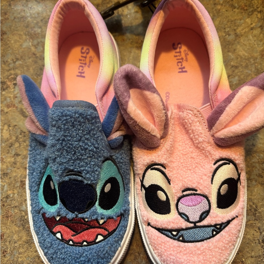 Disney Stitch and Angel Fuzzy Slip-Ons - Blue and Pink